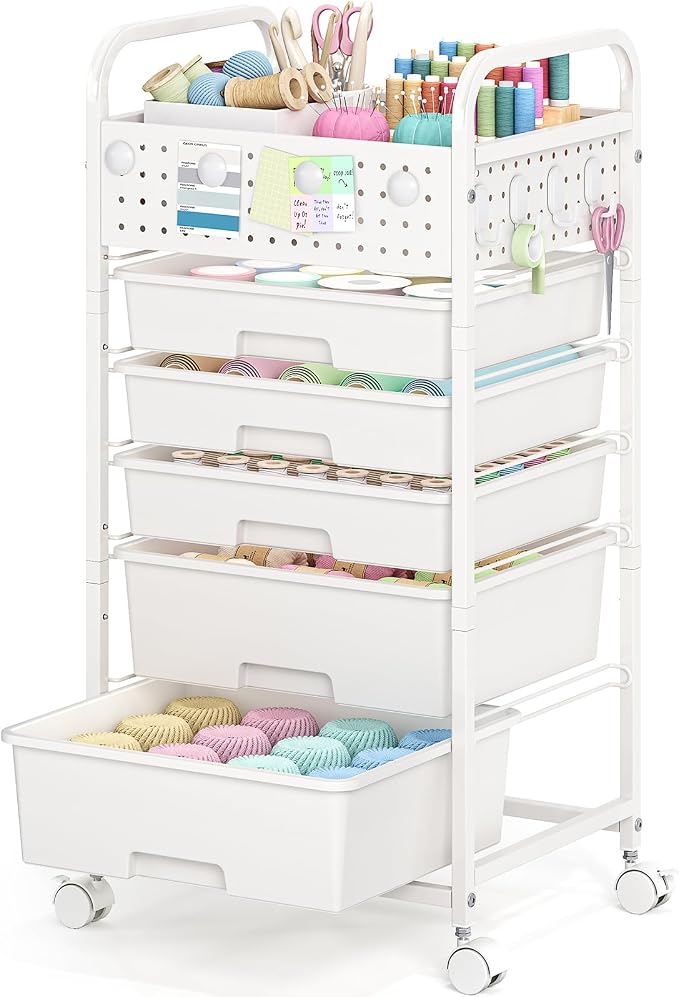 5 Drawer Rolling Storage Cart with Pegboard Top and Hooks, Mobile Utility Organizer with Wheels for Office Supplies, Craft Storage, Classroom Organization, Home Storage Cart, White