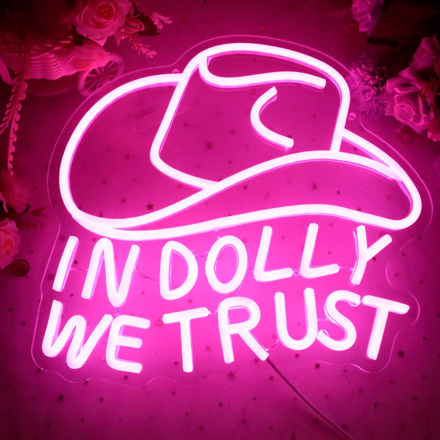 In Dolly We Trust Neon Sign, Pink Cowgirl Hat LED Signs, Country Retro Style Western Wall Art, USB Powered for Teen Bedroom Man Cave Party Aesthetic Christmas Birthday Gift(12.9 * 13.3in)
