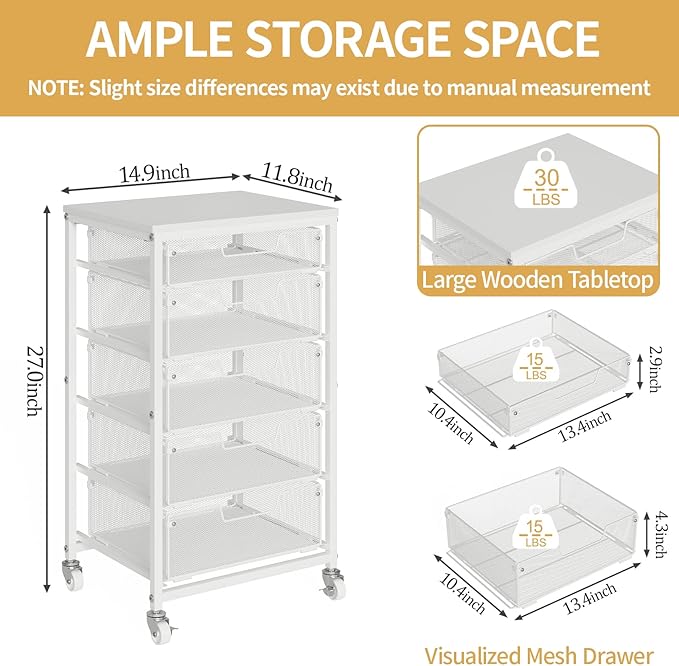 Sbanmao Utility Cart with 5 Drawers, Rolling Storage Cart with Wooden Tabletop and Lockable Wheels, Storage Drawer Cart with Drawers, Craft Cart for Bedroom, Classroom, Home, Office, White
