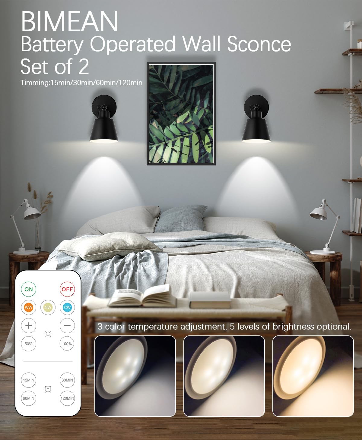 BIMEAN Black Battery Operated Wall Sconce Set of Two, Easy to Install Wireless Lights for Wall, Remote Control Dimmable LED Lights, Auto Timer Wall Lamp Fixtures for Bedroom, Gallery, Living Room, RV