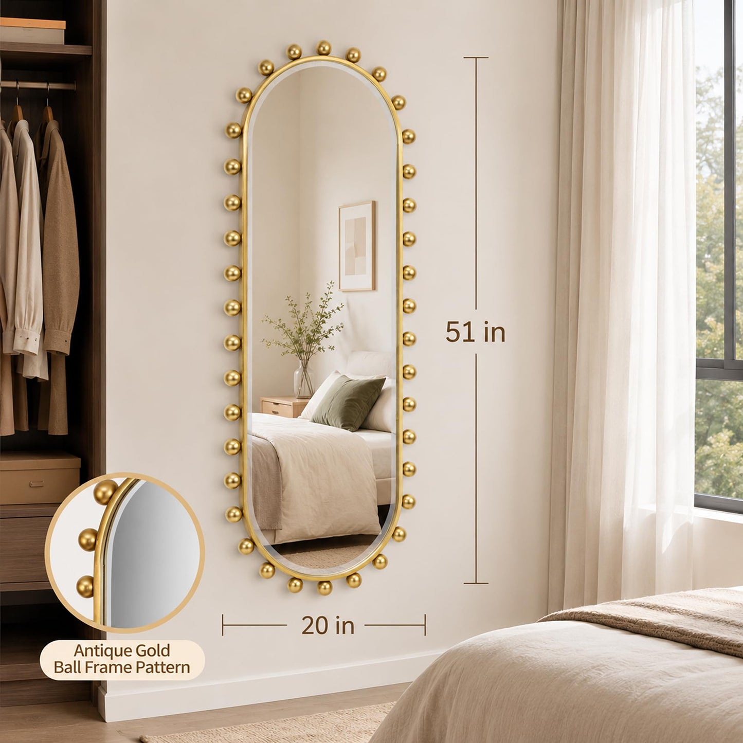 CAVINHOME Oval Full-Length Wall Mounted Mirror 20" x 51", Antique Gold Beaded Beveled Mirror with Ball Frame, Vertical & Horizontal Hanging Wall Mirror for Bathroom, Bedroom, Dressing Room, Entryway