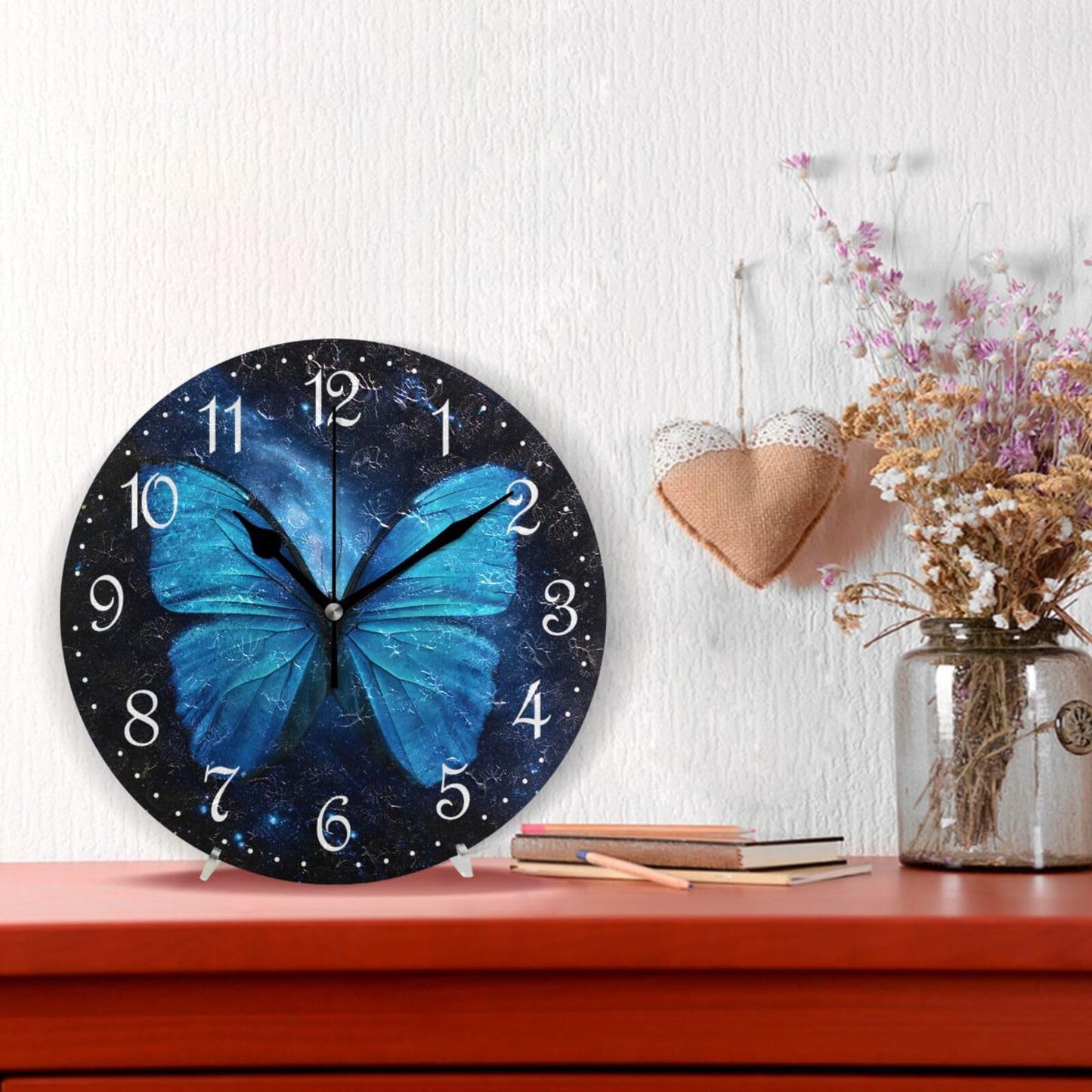 ALAZA Stylish 3D Blue Butterfly Round Wall Clock Battery Operated Quartz Galaxy Quiet Home Kitchen Decor Wall Clocks 10 Inch