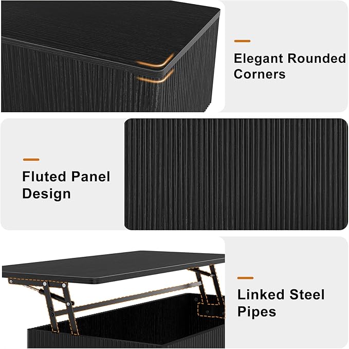 FABATO Mid Century Modern Coffee Table, Wooden Fluted Center Table with Large Hidden Compartment, 41.7” Rectangle with Round Corners, Lift Up Farmhouse Wood Table for Living Room, Home Office, Black