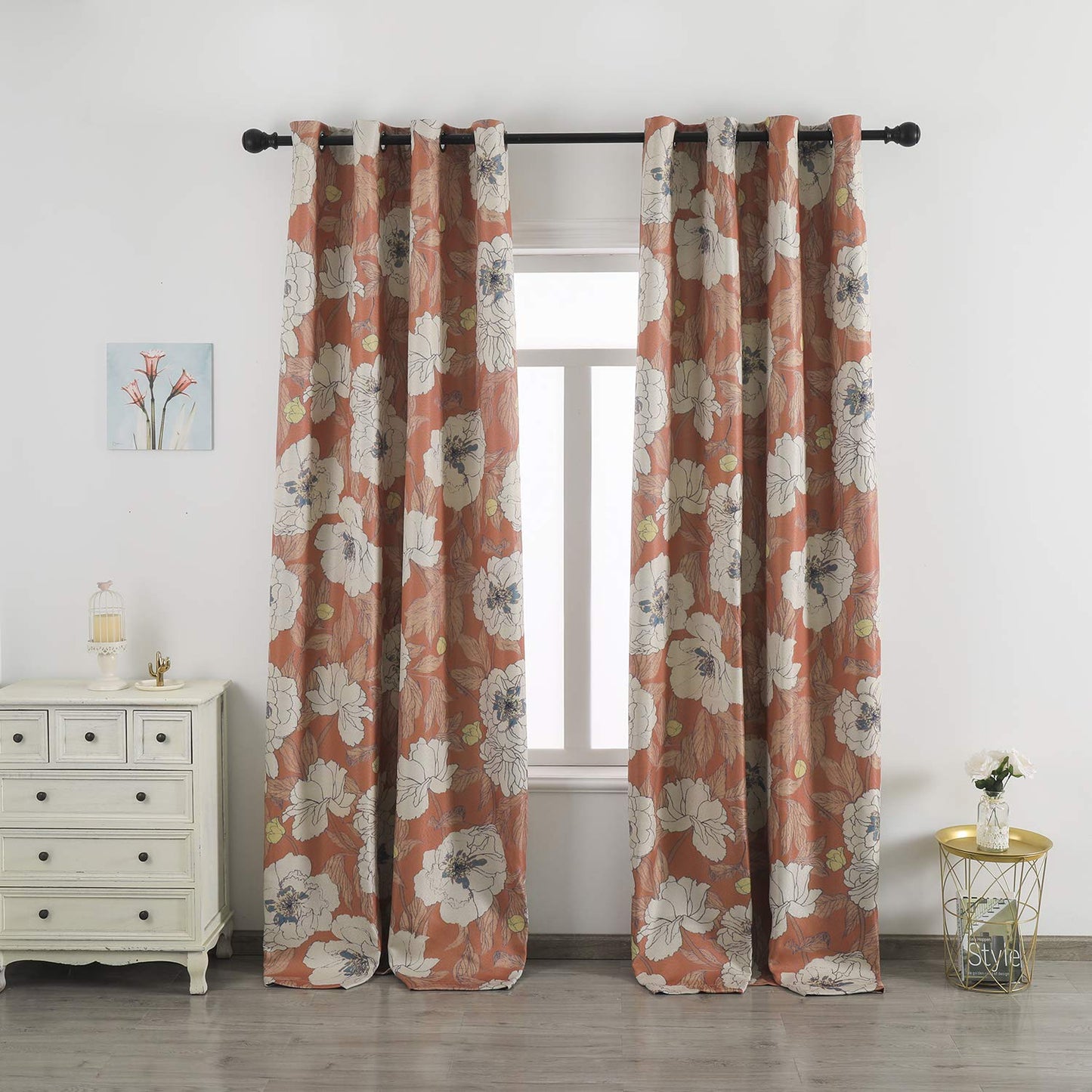 Taisier Home Stylish Faux Linen Curtains for Living Room/Bedroom | Privacy Added Light Reducing Flower Pattern Window Curtain Drapes (2 Panels) Grommet Top, 52x108 Inch, Orange