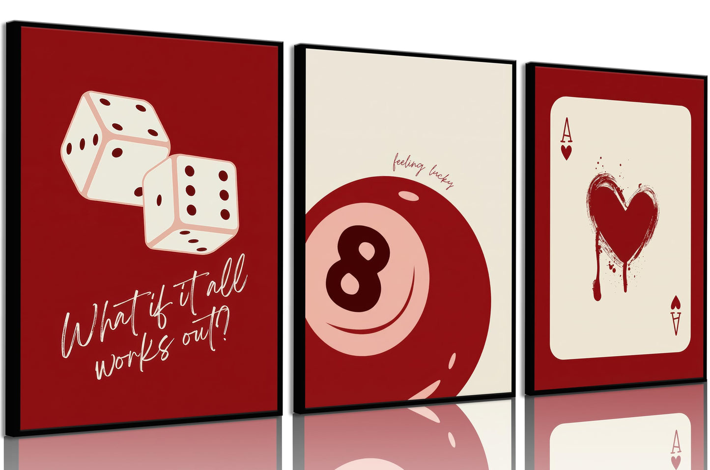 Luyeeteme Set of 3 Unframed Red Wall Art Posters, Funky Retro Y2K Trendy Aesthetic Room Decor, Lucky 8 Ball & Poker Dice Prints for College Dorm, Apartment, Game Room (16x24Inch)