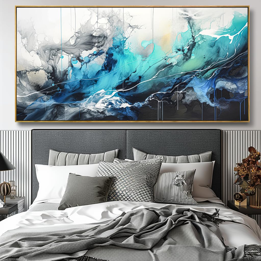 Wall Art Abstract Canvas Painting Teal Blue Modern Artwork for Living Room Bedroom Dining Room Home Office Decor 20"x40" with Framed