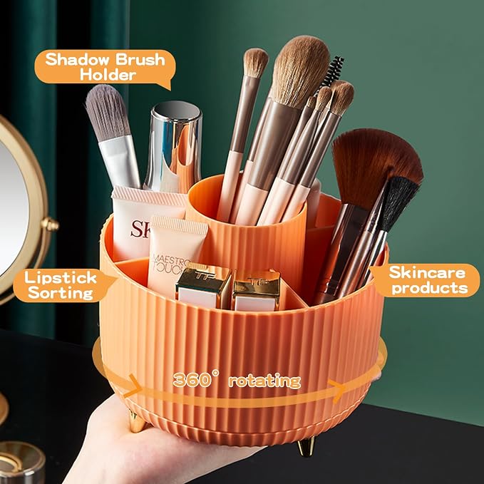 fanado 360° Rotate Makeup Brush Holder Organizer, Makeup Organizers Countertop, Makeup organization and Skincare Storage for Vanity, Desktop, Bathroom (Orange)