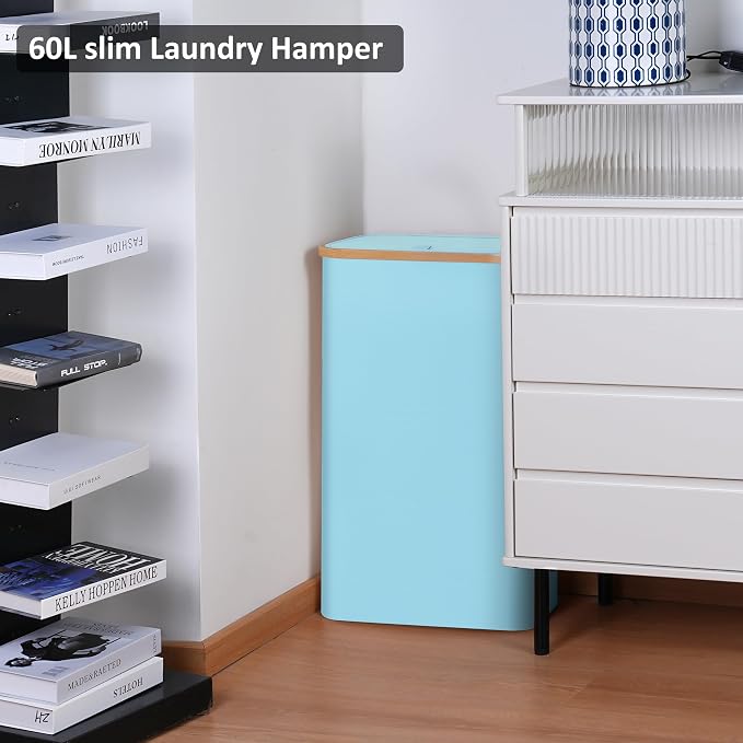 Slim Laundry Basket,60L Laundry Hamper with Lid, Tall Hamper for Laundry,Dirty Cloth Hamper with Bamboo Handle for Toys,Towels, Clothes Organizing, Light Blue