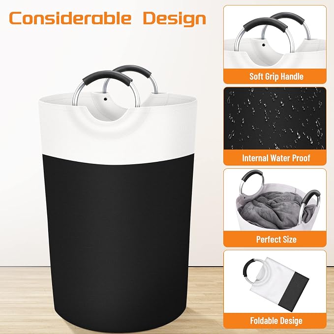 BlissTotes 75L Laundry Basket, Freestanding Laundry Hamper, Collapsible Dirty Clothes Hamper, Waterproof Fabric with Foam Protected Aluminum Handles for College, Dorm, Family (Black)