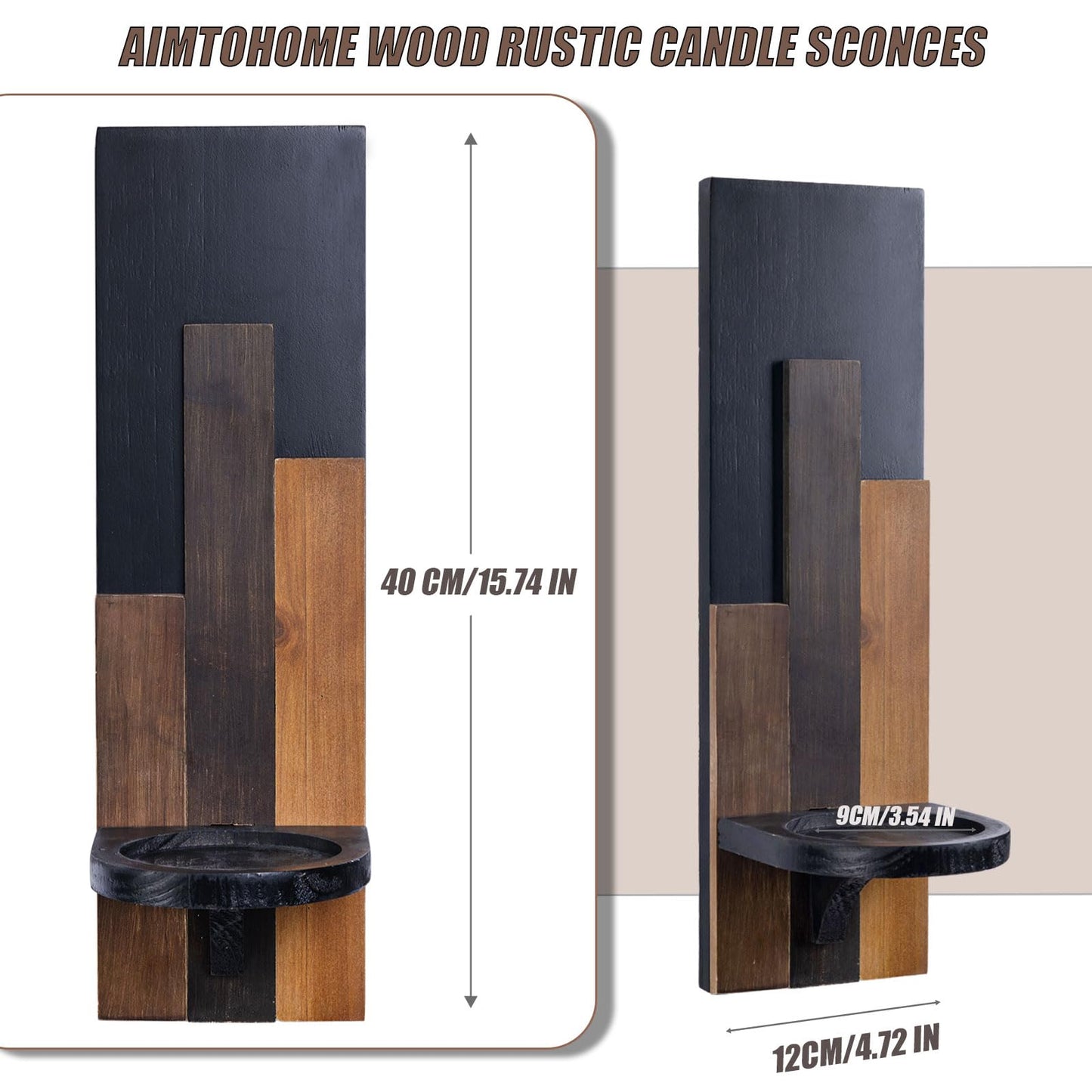 AimtoHome Wood Rustic Candle Sconces, Set of 2 Wall-Mounted Pillar Candle Holders, Antique Classical Wooden Candleholder for Farmhouse, Fireplace, Living Room, Bedroom, Rustic Home Decor