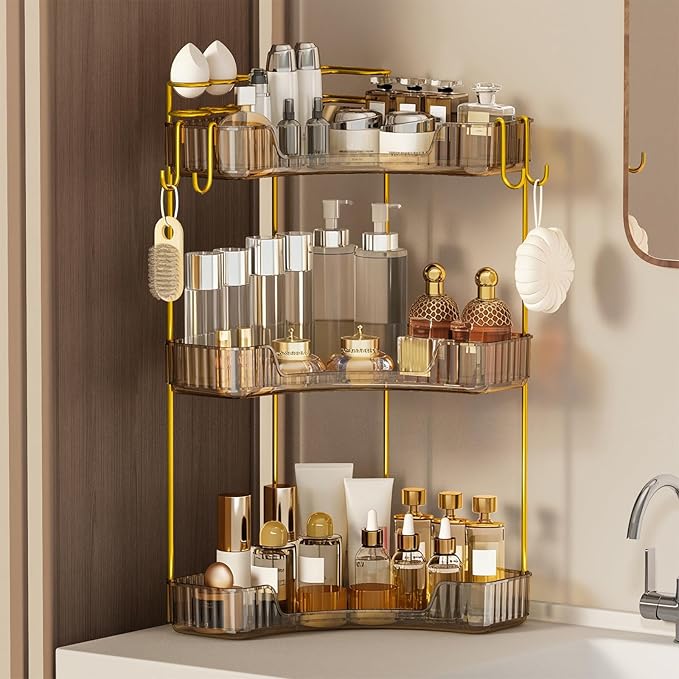 3-Tier Corner Bathroom Counter Organizer，Makeup & Skincare Shelf with Built-in Brush Holder，Space-Saving Bathroom Countertop Organizer for Skincare, Perfume, Cosmetics(Amber)