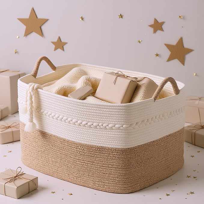 Extra large laundry basket woven from natural cotton rope with handles storage blankets for living rome big decorative quilted baskets for clothes toys pillows hamper 24"x16"x14" white/brown