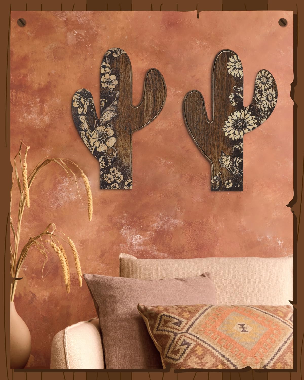 Putuo Decor 2 Pieces Aztec Cactus Decor, Farmhouse Wall Decor, Rustic Flower Patterns Wood Home Decor for Living Room, Bedroom, Bathroom, Western Decor