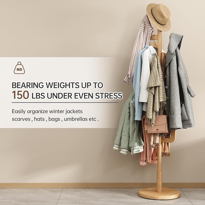Muwuele Solid Wood Cactus Coat Rack, Freestanding Coat Rack With 6 L-Shaped Hooks and 3 Adjustable Sizes, Coat Tree for Bedroom, Entryway, Livingroom, Coat Hanger Stand for Coats, Handbags (Natural)