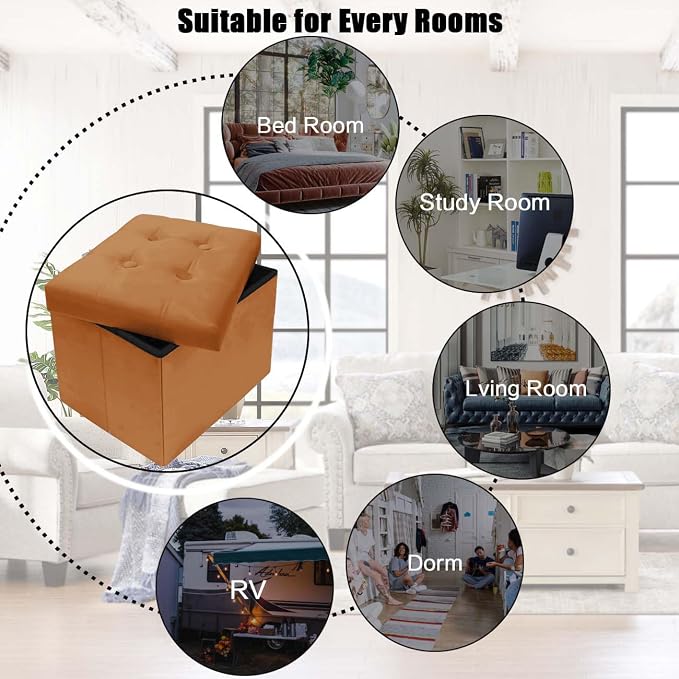 AmasSmile Storage Ottoman Foot Rest Stool, 17 inch Velvet Footstool Bench, Short Ottomans Stool, Small Folding Storage Ottoman Store Books, Records, Orange