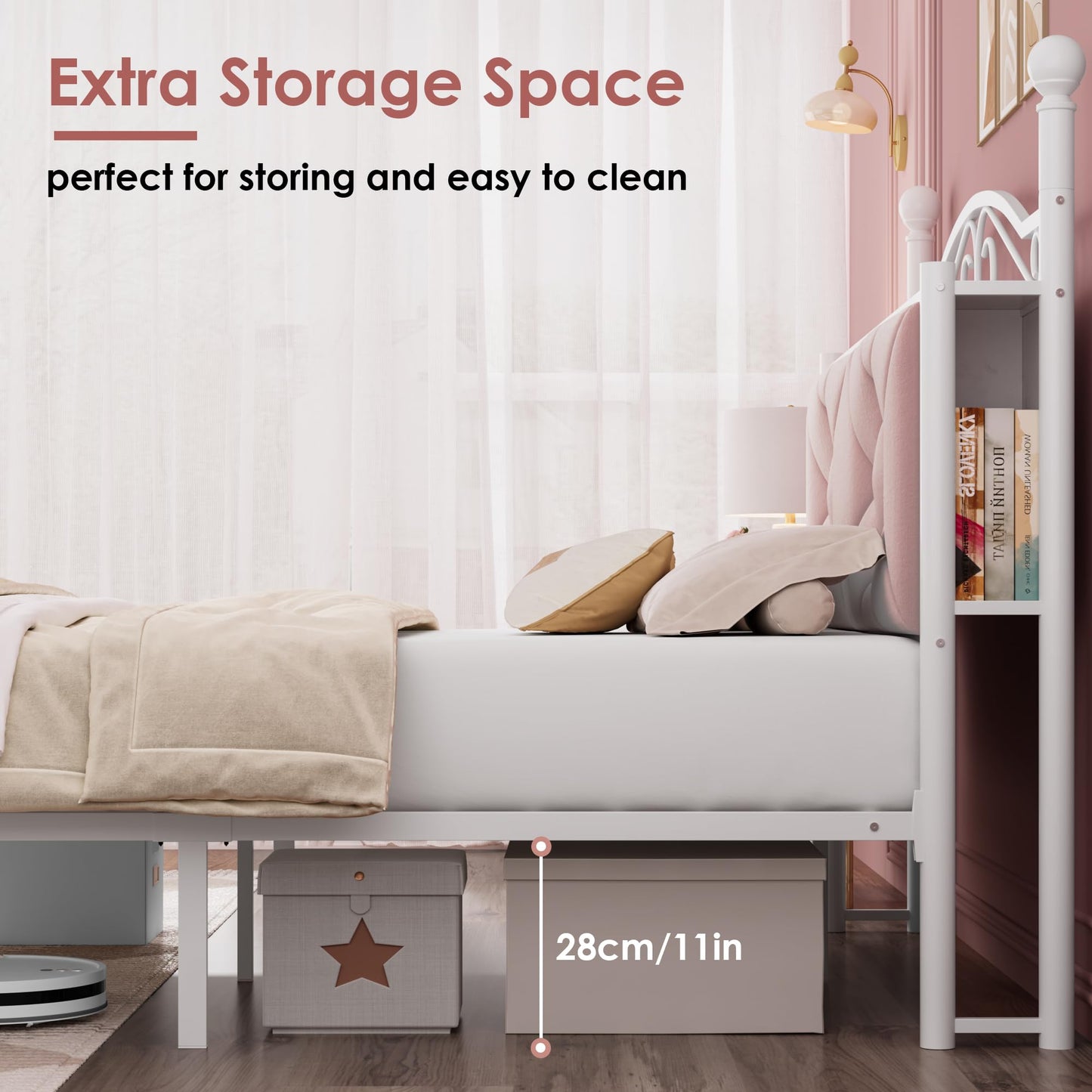 Queen Upholstered Canopy Bed Frame with 2 Drawers & Crystal Tufted Storage Headboard Two-Purpose Metal Platform Bed with 4 Removable Posts & Charging Station Pink Princess Bed, Curtain Not Included