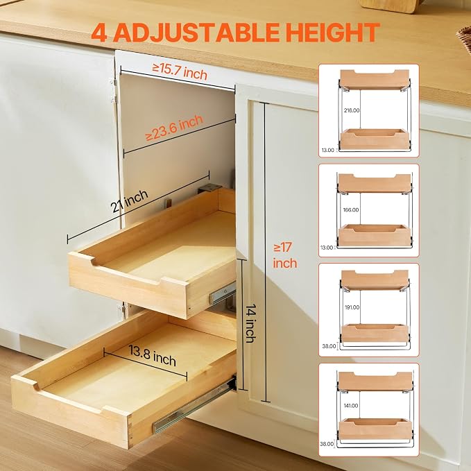 VEVOR 2 Tier Pull Out Cabinet Organizer, 14" W x 21" D Cabinet Drawer, Soft Close Slide out Shelf, Heavy-Duty Sliding Wood Drawer, Adjustable Base Cabinet Organization for Kitchen Pantry Bathroom