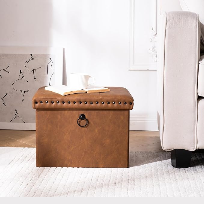 oakvivo Folding Storage Ottoman 16x12x12 inches, Small Faux Leather Foot Rest Stool with Button Tufted Rivet Design, Footstool Bench, Ottoman with Storage for Living Room Bedroom Coffee Table, Brown