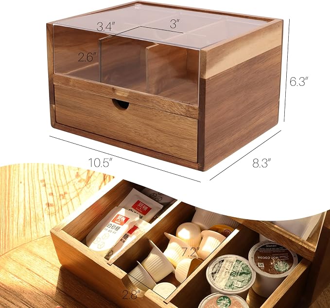 HTB Large Tea Organizer 2 Tier with Drawer, Tea Bag Organizer with Acrylic Transparent Hinged Lid, 9 Compartments Wooden Tea Bag Holder for Home, Office, Tea Parties