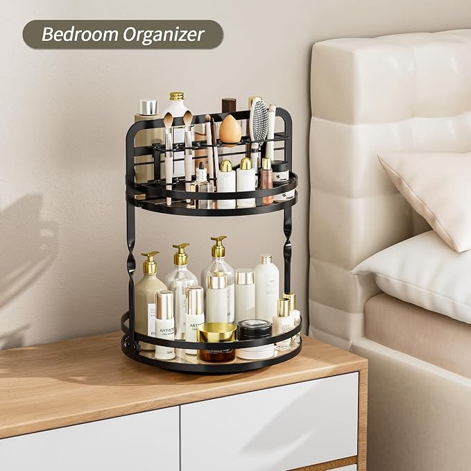 360° Rotating Makeup Organizer, 2-Tier Black Perfume Organizer for Dresser, Bathroom Organizers Countertop, Perfume Shelf with Makeup Brush Holder, Skincare Holder Cosmetic Display(Black)