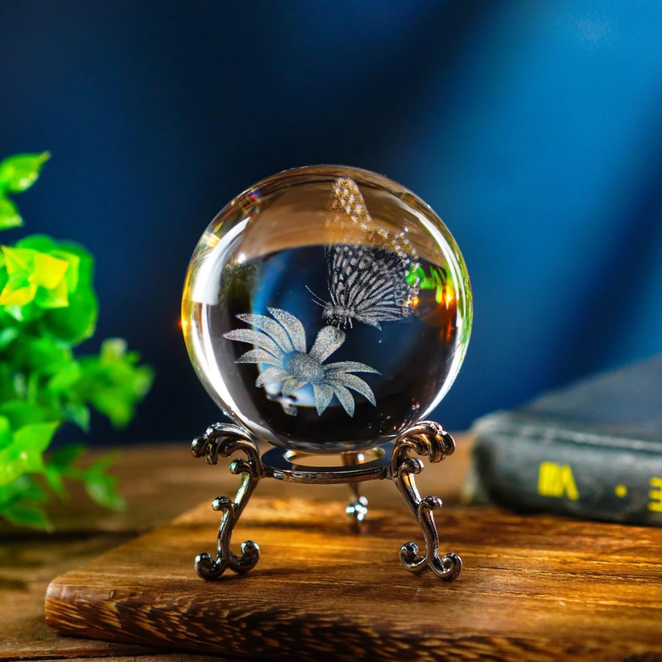 HDCRYSTALGIFTS 60mm Butterfly Crystal Ball Paperweight,3D Laser Engraved Butterfly on Sunflower in Glass Ball with Stand Decorative Glass Sphere Home Decor Gifts for Women Girls