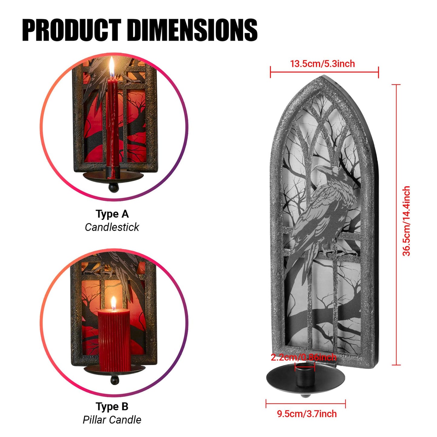 AimtoHome Gothic Wall Candle Sconces Set of 2, Wrought Iron Crow Wall Mounted Candelabra Holder with Removable Trays for Taper & Pillar Candles, Medieval Cathedral Window Design, Dark Academia Decor