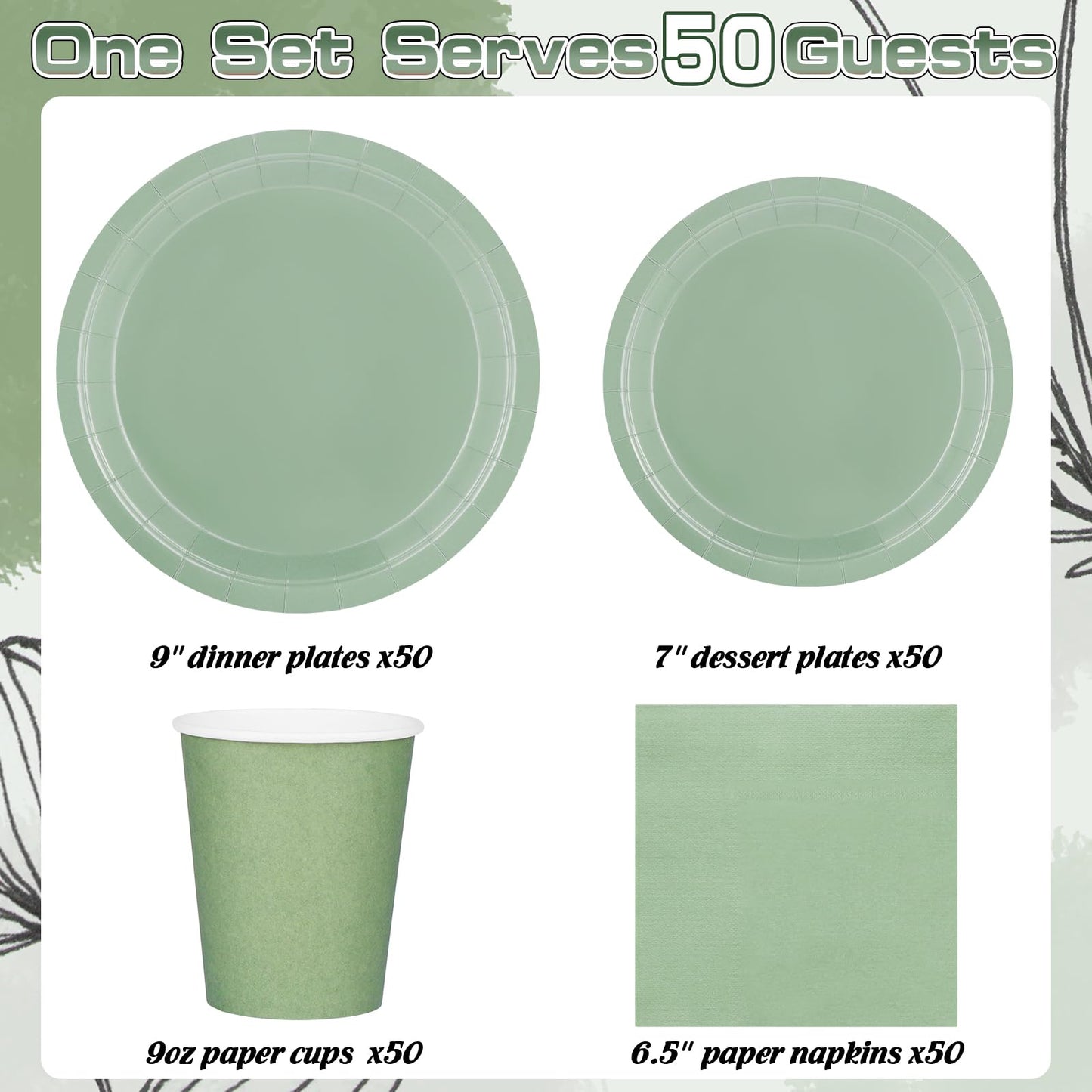 TWOWYHI 200PCS Party Supplies Paper Plates Set for Party with 50Guests 7"and 9" Disposable Plates Napkins Cups for Birthday Bridal Shower Wedding Parties Sage Green