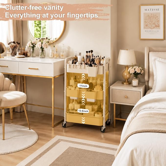 3 Tier Beige Rolling Storage Cart Metal on Wheels, Cream Three Tiered Diaper Caddy with Wheels,Utility Organizer Trolley for Nursery,Postpartum,Art,Craft,Khaki Roller Bedside Carts for Baby Essentials