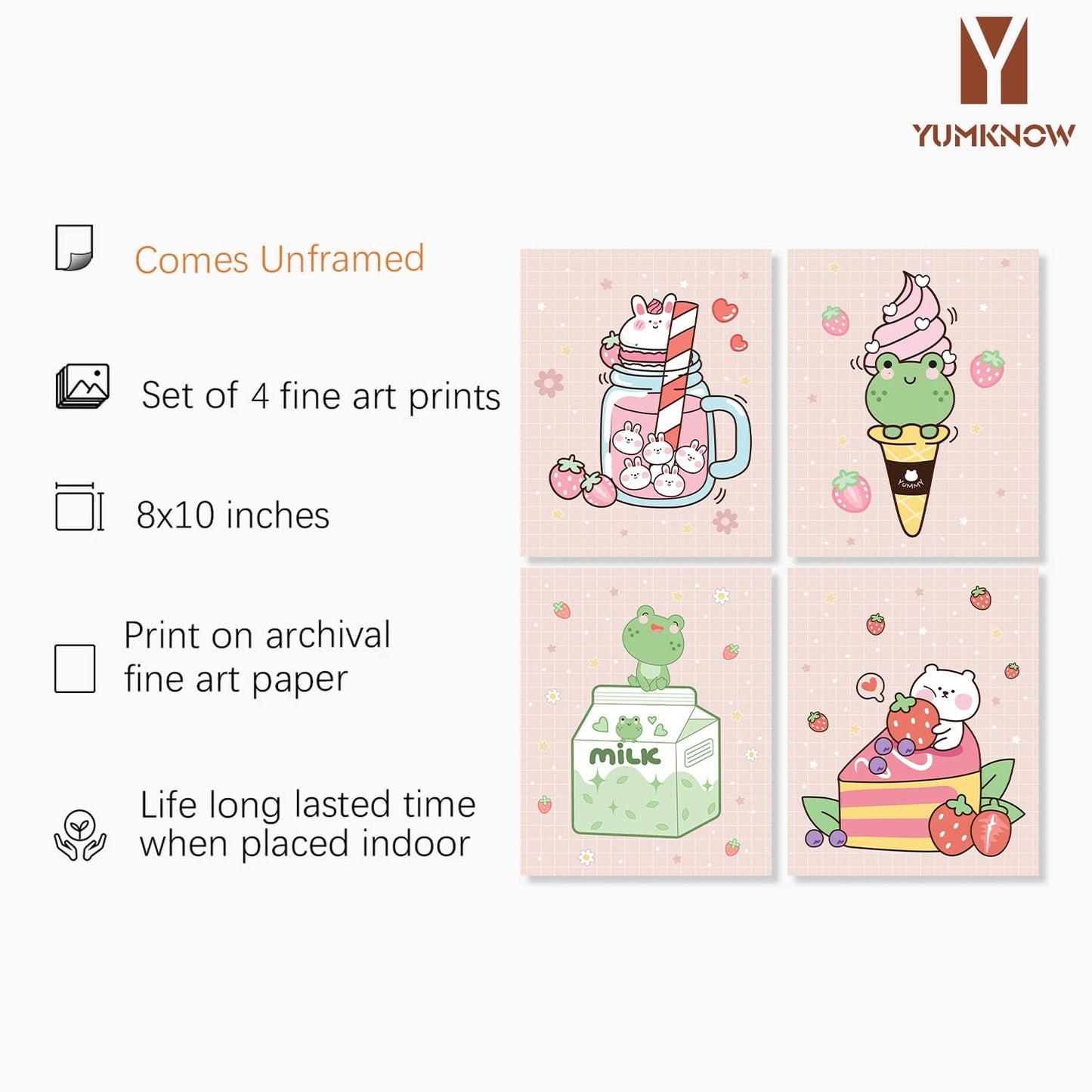 Kawaii Japanese Anime Wall Decor for Dining Room - Pink Cute Kitchen Room Decor - Aesthetic Rabbit Frog Strawberry Poster Print for Teen Girl Bedroom Wall Art - Kids Nursery Gifts - Apartment Pictures