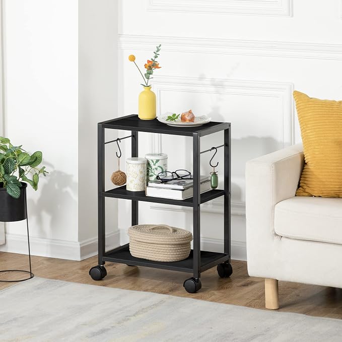 MAHANCRIS Printer Stand, 3-Tier Under Desk Rolling Cart with Storage Shelf, Heavy Duty Printer Table with Wheels for Home Office, Printer Shelf with 2 Hooks, for Small Spaces, Black PTHB4001V