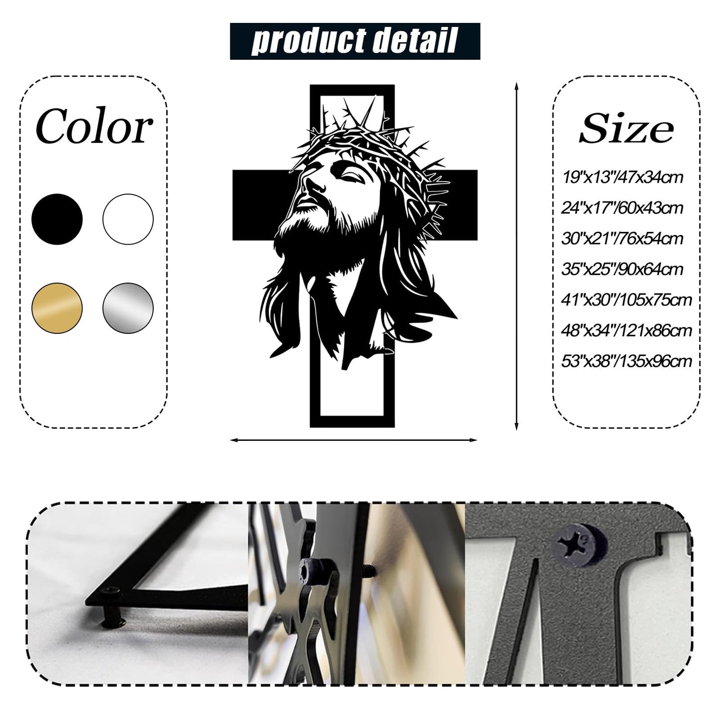 kawazu Metal Jesus Cross Wall Art, Christian Metal Wall Art, Jesus Cross Home Decor, Crosses Hanging, Large Crucifix Decorations for Church (Black, 30"x21"/76x54cm)