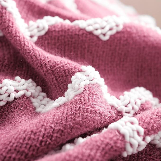 BOURINA Fluffy Chenille Knitted Fringe Throw Blanket Lightweight Soft Cozy for Bed Sofa Chair Throw Blankets Rose Wine 50" x 60"
