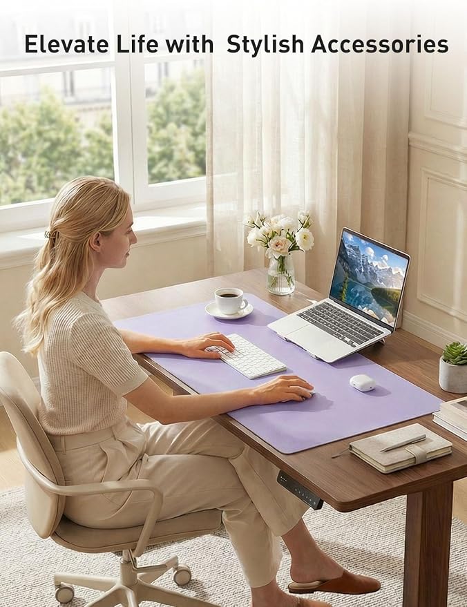 Aothia Faux Leather Desk Mat - Non-Slip PU Leather Desk Blotter, Waterproof Writing Surface, Large Desk Pad for Office & Home (Lavender, 55" x 24")