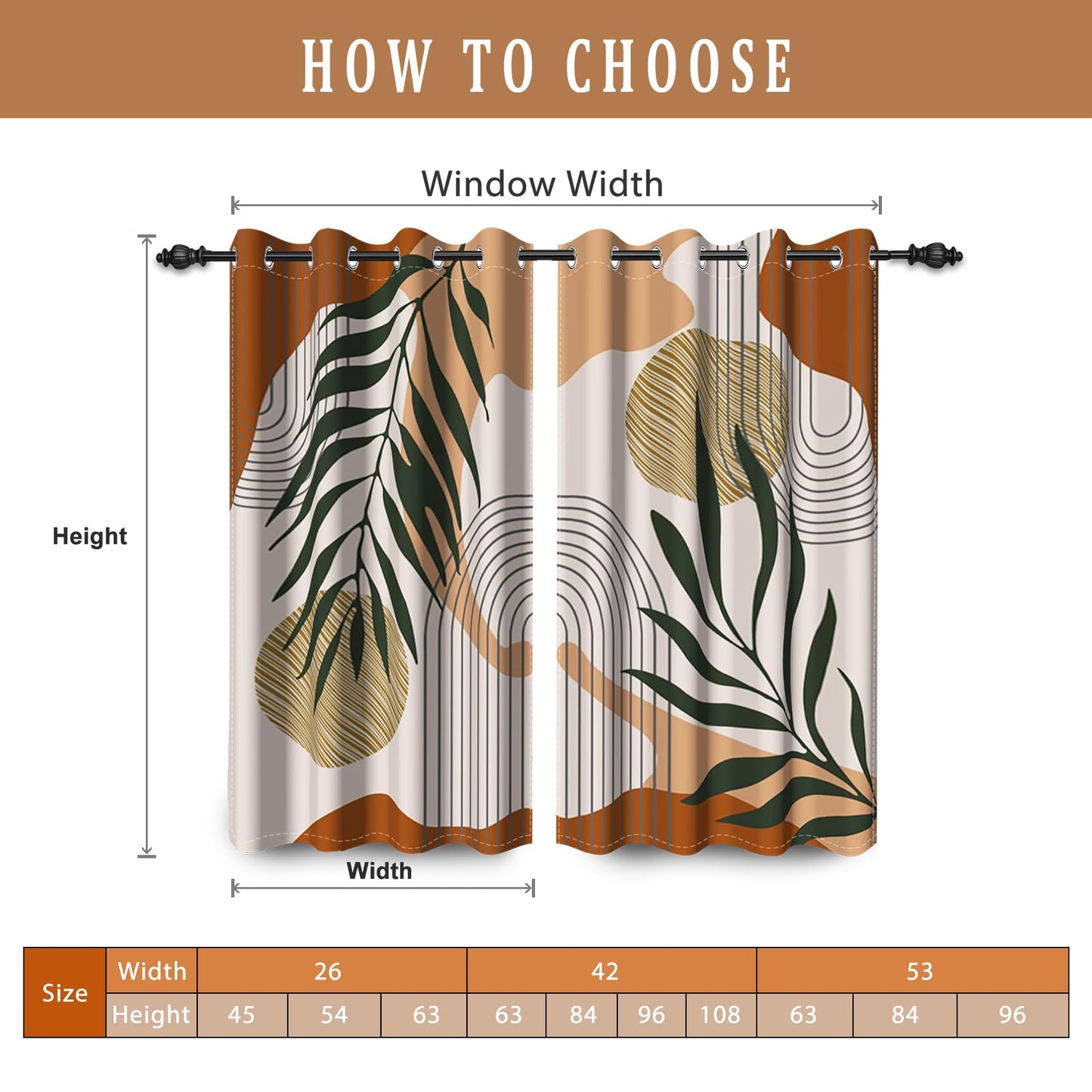 Renaiss Mid Century Boho Blackout Curtains for Bedroom Abstract Palm Leaf Arch Sun Window Curtain Modern Minimalist Art Window Drapes for Living Room Decor Curtains 2 Panels Set, 42x63 Inch