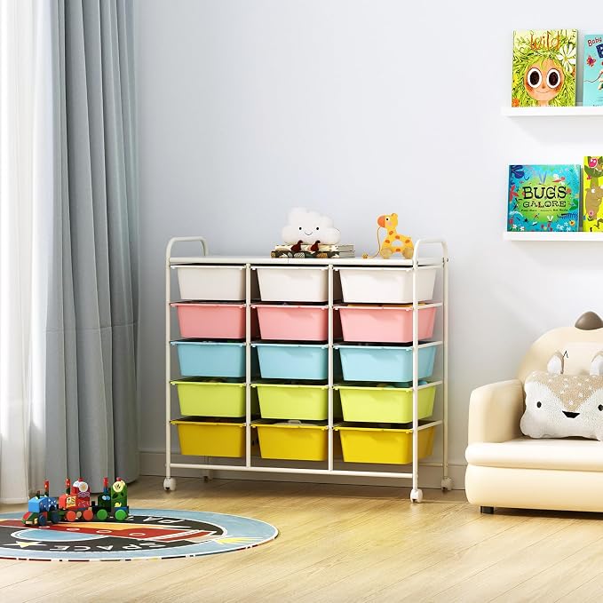 Ytaoka 15 Drawers Rolling Cart With Wheels, Plastic Storage Drawer With Metal Frame, Multipurpose Art Craft Organizer, Utility Cart for Home, Office, School, Multicolor