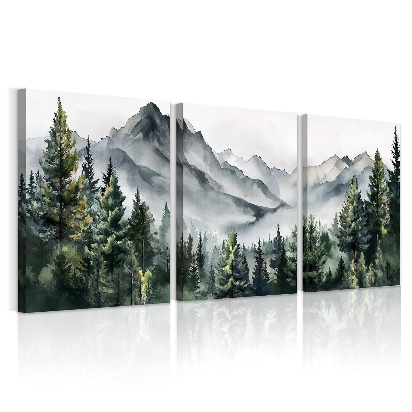 WANGTIAO 3 Panels Framed Canvas Wall Art for Living Room, Abstract Mountain Forest Views Ink Wall Decor for Dedroom Office Wall Paintings Green Landscape Art Prints Pictures Ready to Hang 12"x16"x3