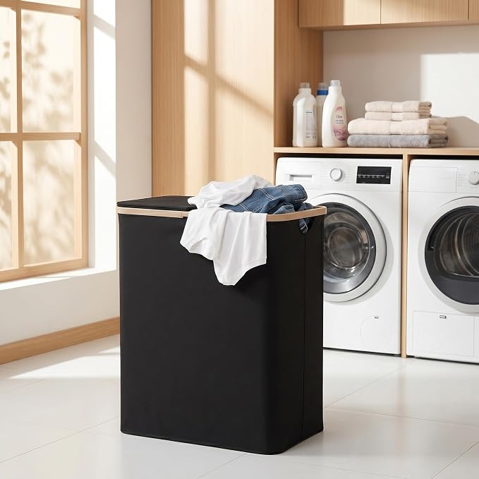 DOKEHOM 160L Extra Large Laundry Hamper with Lid, 2-Section Double Laundry Basket with Removable Mesh Liner Bags, Collapsible Clothes Sorter for Family, Bedroom, Laundry Room, Black