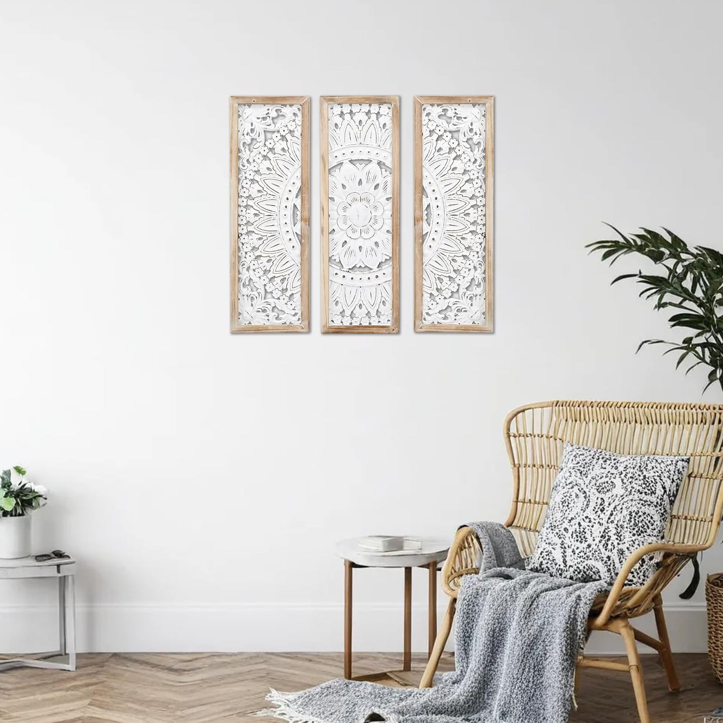 SwallowLiving 3D Layered Mandala Wood Wall Art Set of 3 – 23.6" Large Sacred Geometry Floral Sculptures, Intricately Carved Wood Panels for Meditation Room, Yoga Studio & Boho Decor, Distressed White