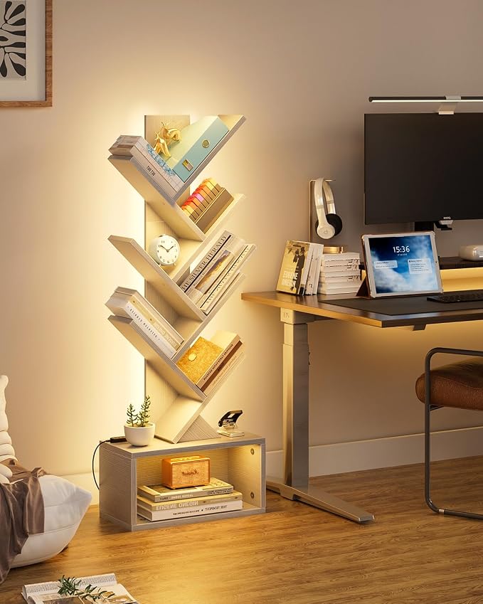 Evermagin 6 Tier Tree Bookshelf with Lights, LED Book Tree Bookcase with Storage Organizer, Small Corner Bookshelf Floor Standing Book Shelf for Living Room, Bedroom & Home Office, White