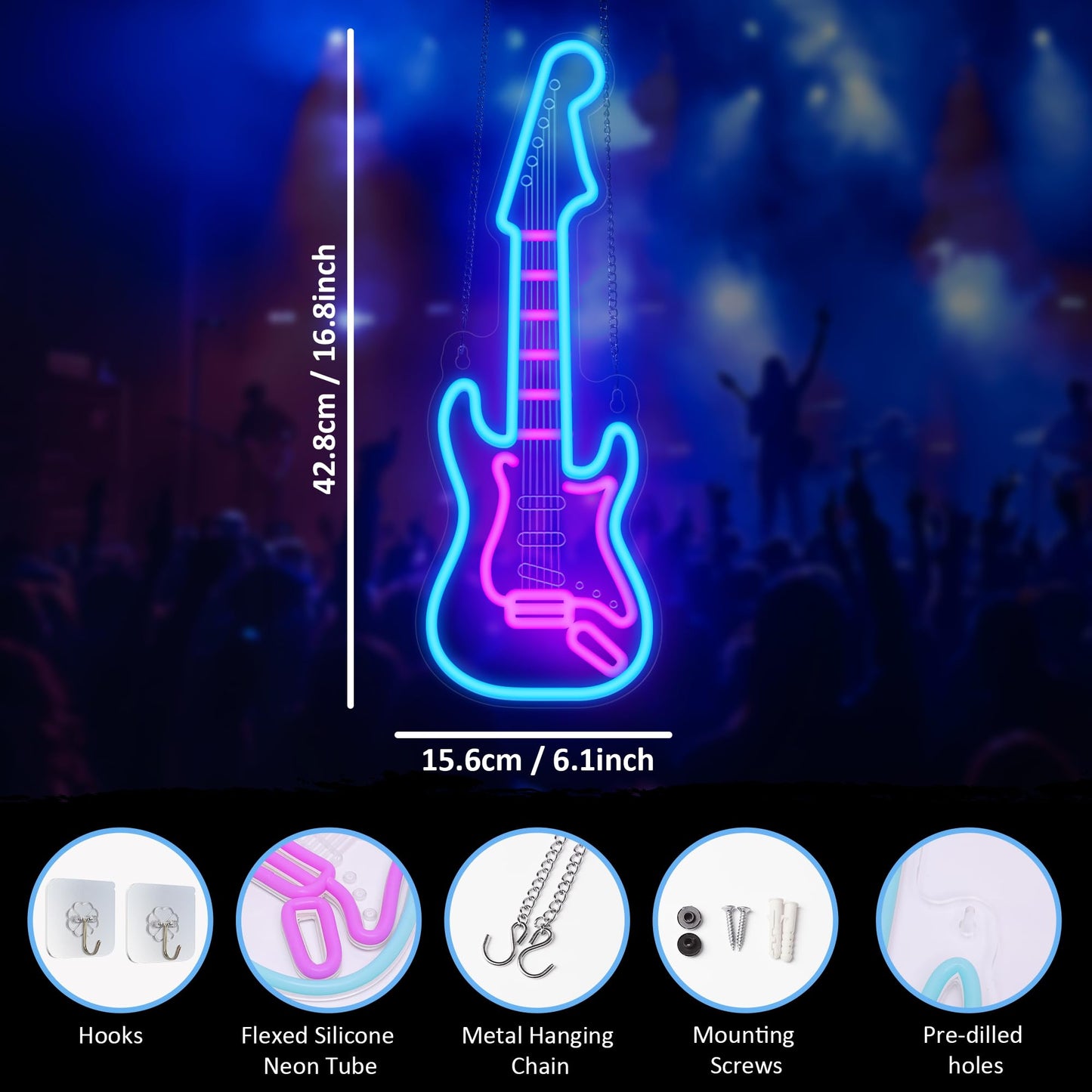 CoolGift Mart Electric Guitar Neon Light, Dimmable LED Guitar Neon Wall Sign USB Powered, Decorations for Bedroom Living Room Man Cave Music Studio, Gift for Guitar Players Guitarists Music Lovers