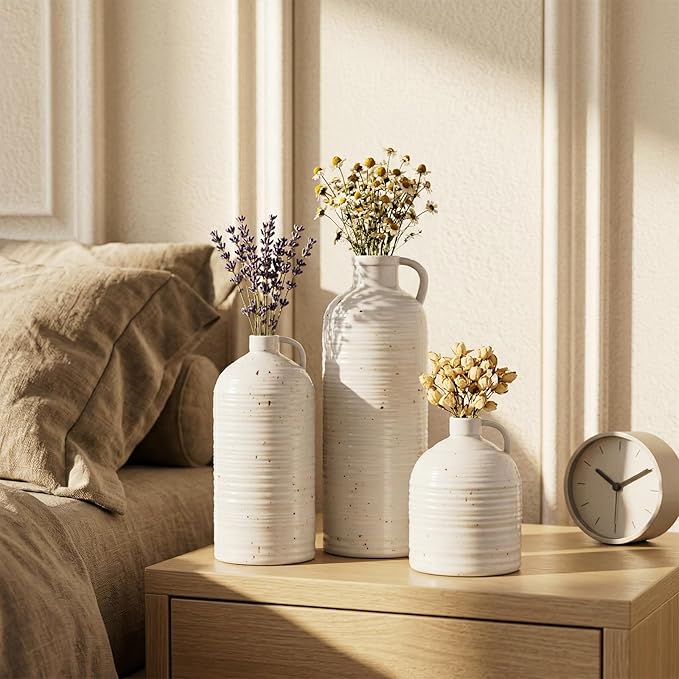 Firehold Ceramic Vase Set of 3, Rustic Farmhouse Boho Vases, Textured Country Home Decor, Small Decorative Vases for Shelves Mantel Table, Gift Set for Dried Pampas Grass & Fresh Flowers (White)