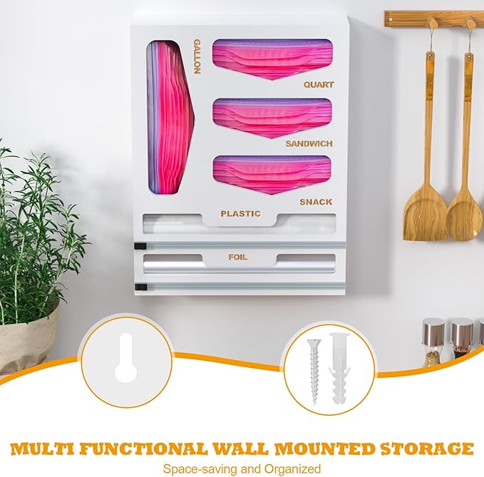 DALSHABET Bamboo Bag Organizer with Magnetic Closure, 6 In 1 Kitchen Drawer Foil and Plastic Wrap Dispenser with Cutter, Storage bag for Gallon, Quart, Sandwich, Snack White