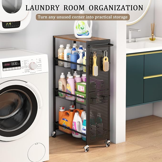 Utility Slim Storage Cart 4 Tier Small Rolling Kitchen Laundry Room Organization Cart with Wood Top Metal Narrow Laundry Room Shelves Cabinet Unit Laundry Organizer Trolley with Handle for Small space