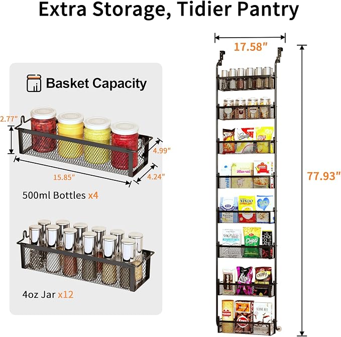 Over the Door Pantry Organizer, 8-Tier Pantry Door Organization and Storage, Over the Door Spice Rack, Home & Kitchen Storage Shelves for Cabinet, Black