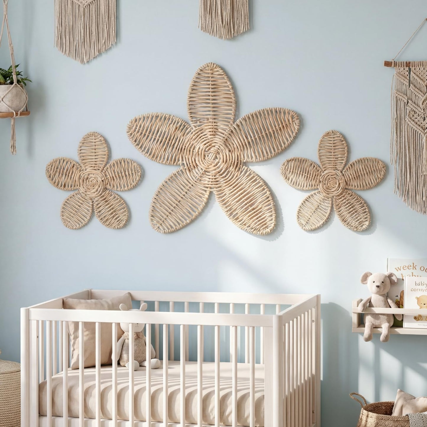 Wesiti 3 Pcs Rattan Flower Wall Decor Boho Daisy Nursery Decoration Woven Rattan Flower Wall Art for Home Nursery Bedroom Farmhouse Decorations Housewarming Gifts