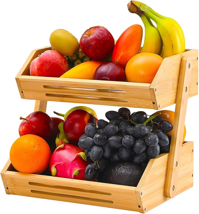 VIKEYHOME Fruit Basket, 2 Tier Bamboo Fruit Basket for Kitchen, 11" Tall Fruit Stand Storage Holder, Heavy Duty/Large Capacity for Vegetables, Fruit, and Snack, 15 mm Thickness (Self-assembly)