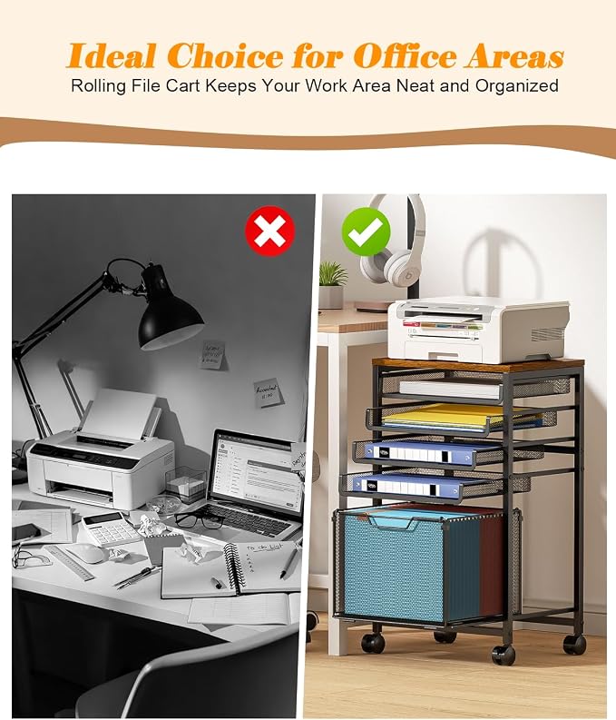 Feyejade Compact 5-Tier Rolling File Cart, Under Desk Metal Filing Cabinet | Printer stand top, sliding mesh trays for binder, letter size file storage, organizer for teachers and home office
