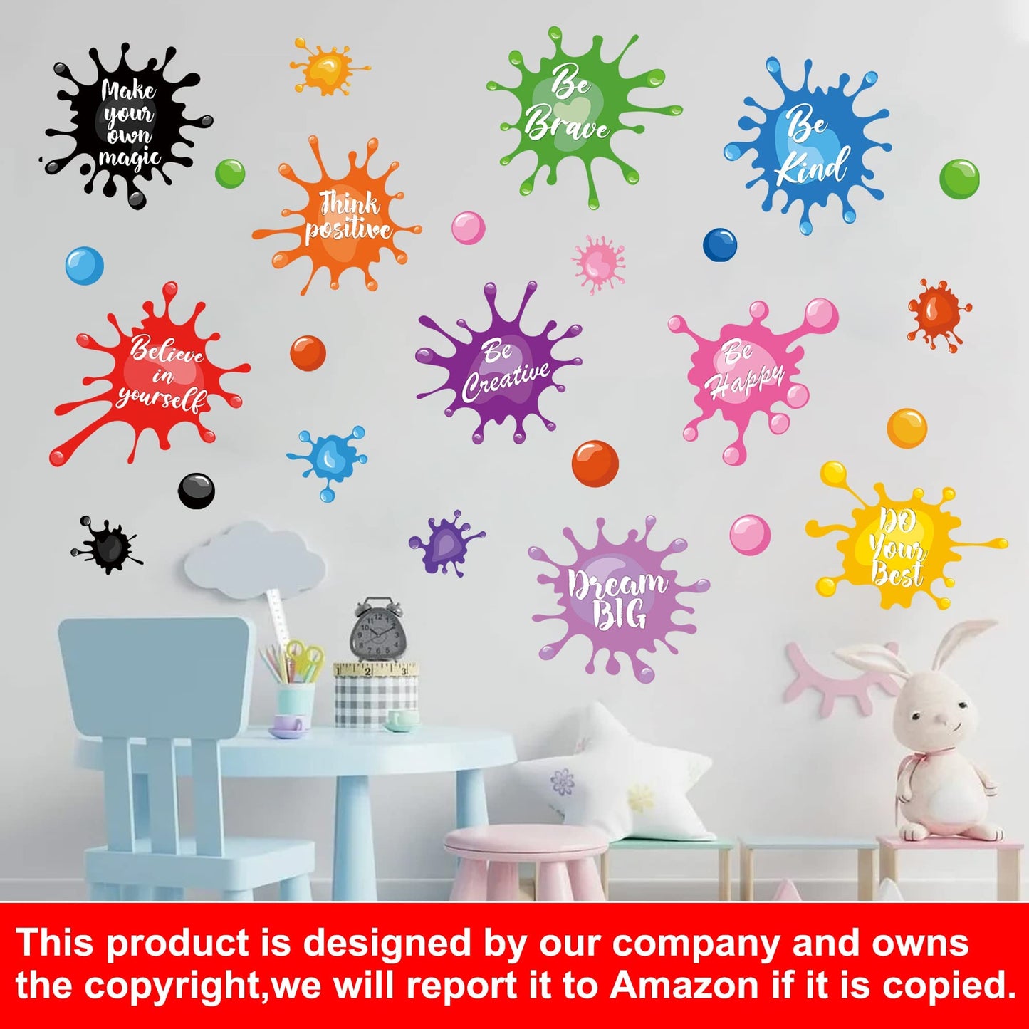 Colorful Inspirational Quotes Wall Decals Watercolor Paint Wall Decals Ink Splatter Splotches Wall Stickers Motivational Lettering Positive Sayings Stickers for Kids Classroom Nursery Playroom School