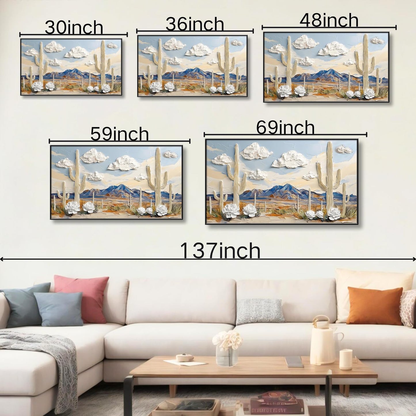 Desert Canvas Wall Art, Cactus Canvas Wall Art, White Desert Landscape Picture Print, Western Print Decor, Rustic Southwestern Painting, Cactus Landscape Decor for Living Room, Bedroom, Kitchen (Black Framed, 36"x20"| 92x52cm)