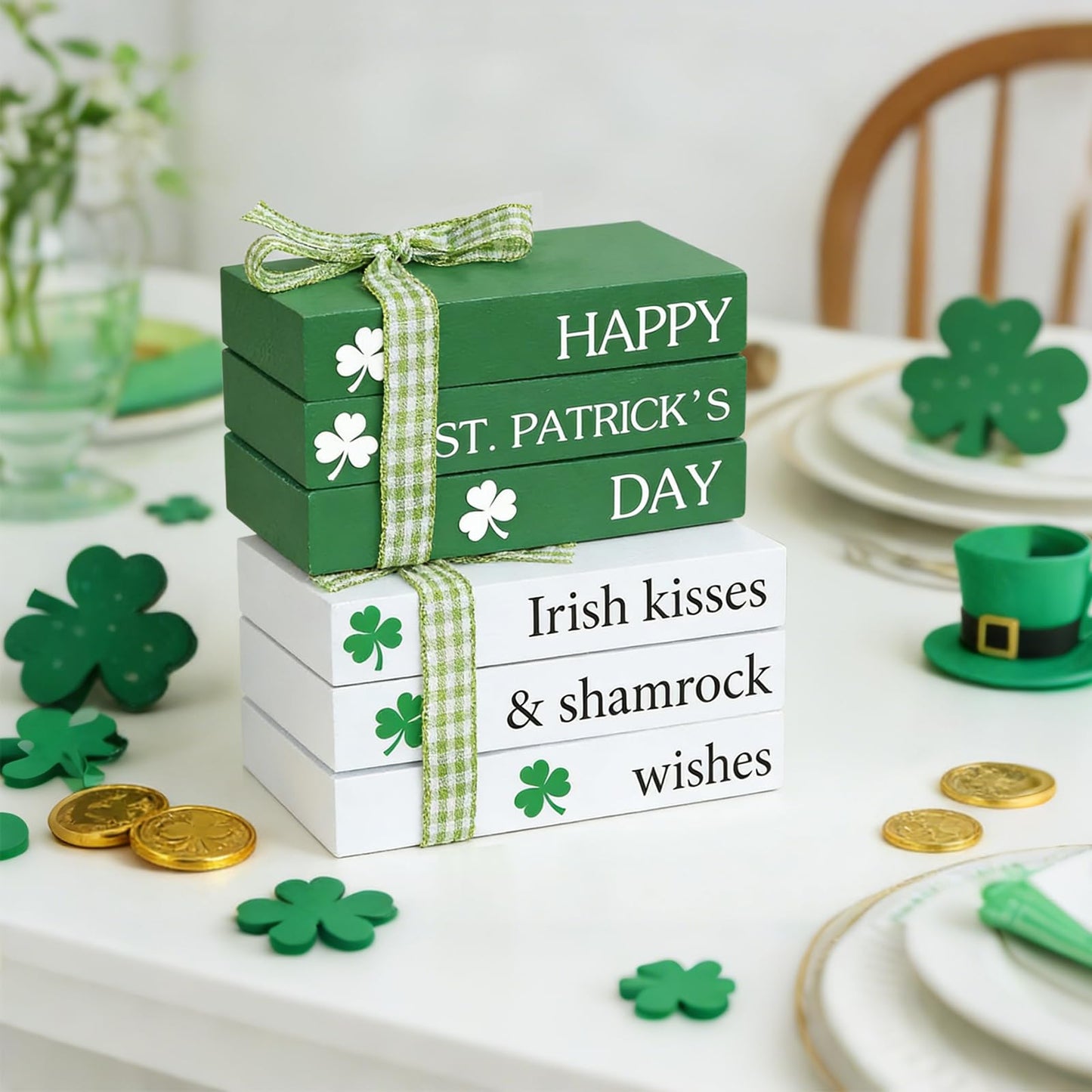 Whaline Mini Happy St. Patrick's Day Wooden Books Stack with Ribbon 2Pcs Shamrock Faux Books Bundle Green White Stacked Books Tabletop Centerpieces for Irish Farmhouse Tiered Tray Entryway Home Decor